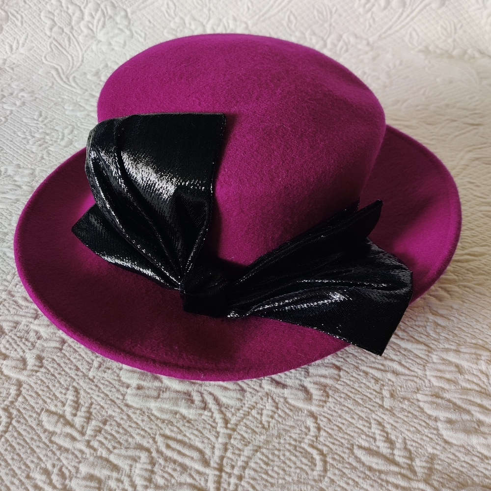 Vintage 100% Wool Felt Hat  Purple Bowler Wide Rim Black Bow Made In The USA